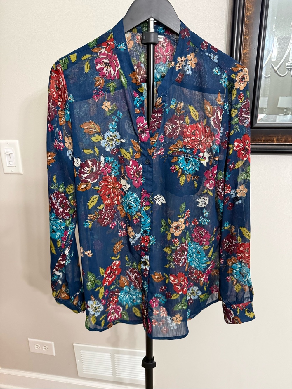 Kut from the Kloth Navy Sheer Floral Button-Front Blouse